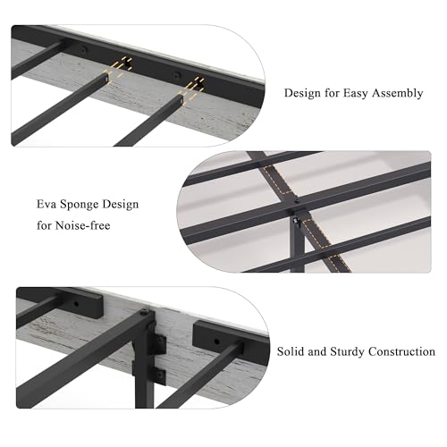 Image of Farmhouse Queen Size Wooden Bed Frame with Headboard, Rustic Wood Bedframe with LED Lights and Charging Station, Easy Assembly, No Box Spring Needed (Queen, White)