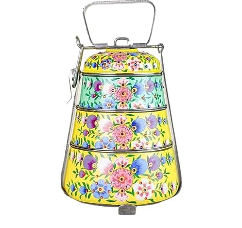 Craft with love - Superbe boîte à déjeuner Tiffin à 3 étages en acier inoxydable peinte à la main - Couleur : jaune