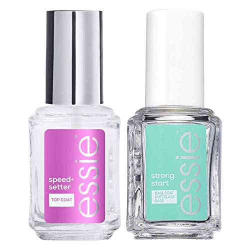 Essie Smalto Base Coat Indurente Strong Start con Biotina Colore Trasparente + Essie Smalto Top Coat Asciugatura Rapida Finish Brillante Colore Trasparente