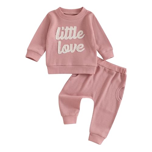 Image of Winioder Baby Girl Boy Fall Clothes Cute Letter Embroidery Long Sleeve Sweatshirt Pants Set Toddler 2Pcs Waffle Knit Outfit
