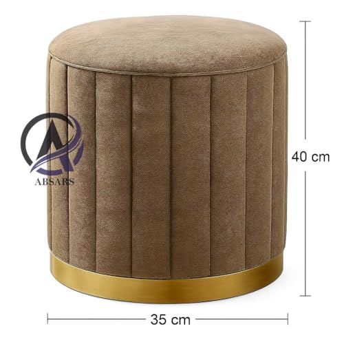 Image of Round Velvet Ottoman Foot Rest Stool with Gold Metal Legs - Padded Vanity Stool, Compact Pouf Seat for Living Room, Bedroom, Makeup Room - Soft Flannel Upholstered Footstool - Brown-Gold