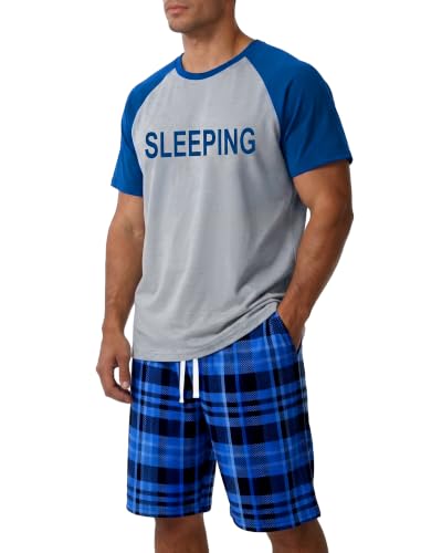 Ciftshinefiul Mens Pajamas Set Soft Summer Loungewear Sets Short Sleeve Navy Blue Pjs Plaid Pajamas 2 Piece Sleepwear Outfits with Pockets L