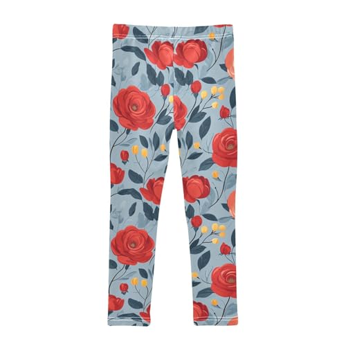 Floral Pattern Red Roses Kids Girl's Active Leggings Stretchy Full Length Yoga Pants Sports2