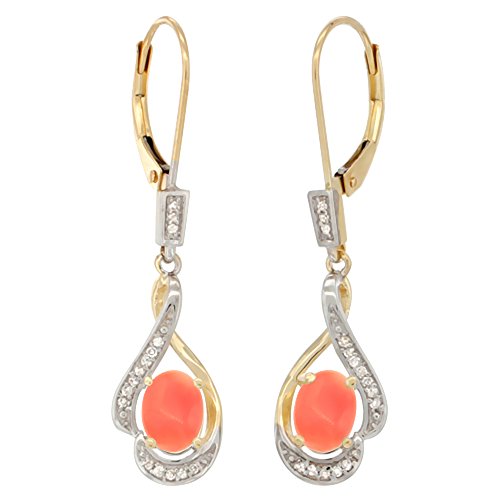 14K Yellow Gold Diamond Natural Coral Leverback Earrings Oval 7x5