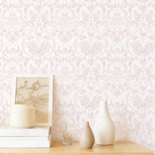 Ismoon Peel and Stick Wallpaper Pink Contact Paper 17.3in x 32.8ft Vintage Floral Wallpaper Boho Damask Removable Textured Wall Paper for Bedroom Bathroom Shelf Cabinet Décor
