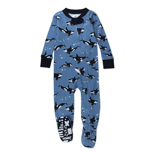 HonestBaby Non-Slip Footed Pajamas One-Piece Sleeper Jumpsuit Zip-Front PJs 100% Organic Cotton for Baby Boys, Whales, 12 Months