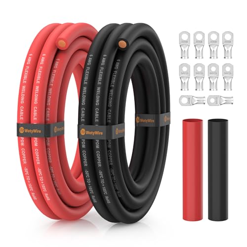 WotyWire 6 Gauge Battery Cable 6 AWG Flexible EPDM Oxygen-Free Copper Welding Cable with 3/8 and 5/16 Lugs for Battery Inverter Solar Generator Marine RV (5 FT Red + 5 FT Black)