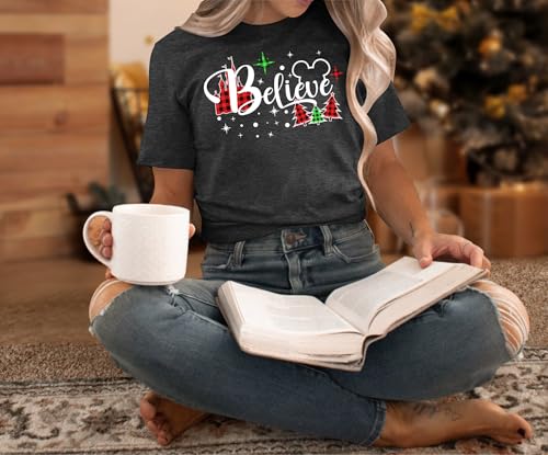 Believe Christmas Shirt for Women Christmas Tree Graphic T-Shirts Believe Letter Print Tees Holiday Tops (DarkGrey5, Medium) — view 2