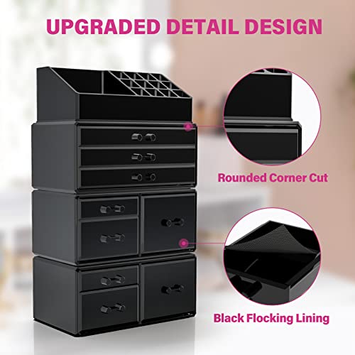 Dreamgenius Makeup Organizer 4 Pieces Acrylic Makeup Storage Box With 9 Drawers For Lipstick Jewerly And Makeup Brushes, Stackable Vanity Oragnizer For Dresser And Bathroom Countertop, Black #TOP5