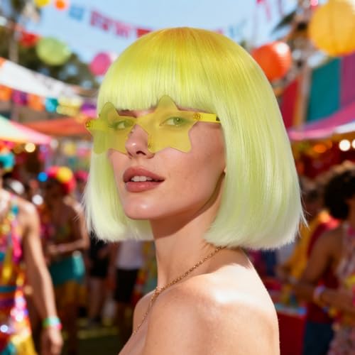 Image of ANOGOL Hair Cap + (Sunglasses) Yellow Gradient Bob Wig with Bangs Womens Party Wigs with Star-Shaped Glasses Short Neon Wig Daily Party Fun Wigs Women Halloween Costume Bachelorette Hair