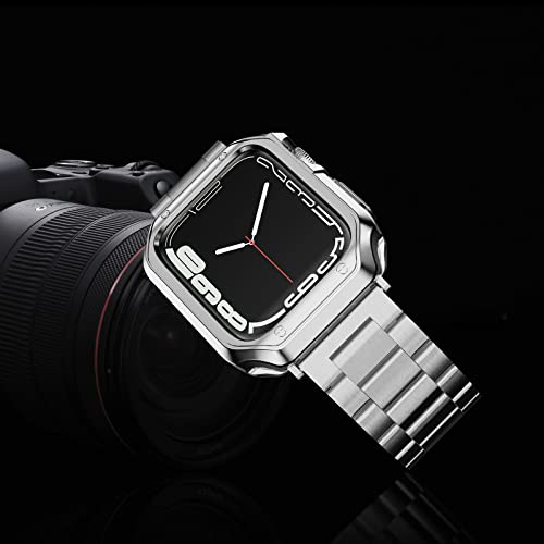 2 Pack Designed For Apple Watch Band, Wrist-Band For I-Watch Series 8 7 6 5 4 3 2 1 Se, Stainless Steel Metal Chain With Tpu Cover Case, Smart-Watch Link Bracelet Strap, 45Mm 44Mm 42Mm, Silver+Gold #TOP5