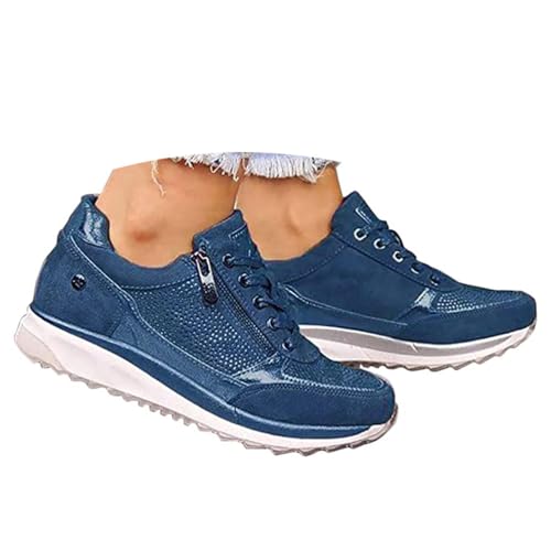 Onsoyours Zapatos Casuales de Las Mujeres de la Manera de la Cuña de Los Planos de la Cremallera del Cordón para Arriba Señoras Zapatillas de Deporte (Azul, Numeric_40)