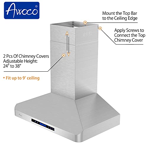 Awoco 30” Wall Mount 48-1/2"H Stainless Steel Range Hood 4 Speeds, 6” Round Top Vent 900Cfm 2 Led Lights & Remote Control (Rh-Wt-30) #TOP3