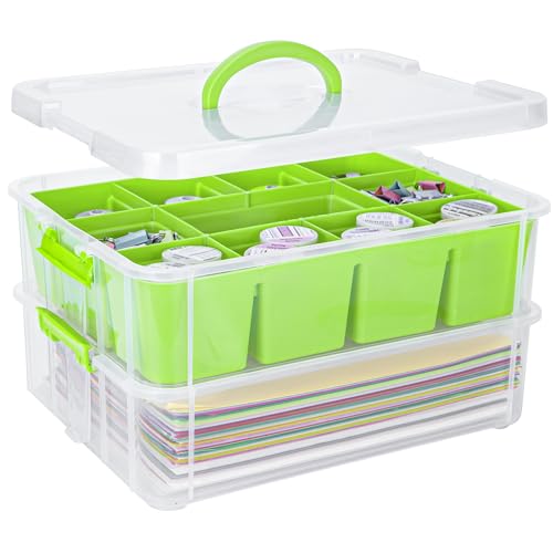 TERGOO 2 Layer Plastic Storage Containers with Removable Tray, Multipurpose Stack & Carry Box with Lid, Portable Craft Organizers and Storage Bin for Organizing Art & Craft Supplies, Crayon(Green)