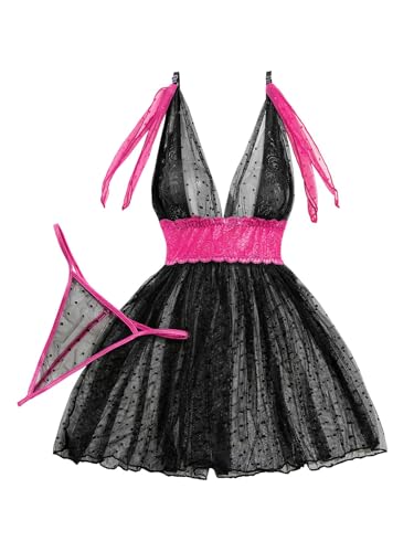 Image of Lilosy Sexy Polka Dots Mesh Sheer Lace Babydoll Chemise Lingerie Set Floral Sleep Wear