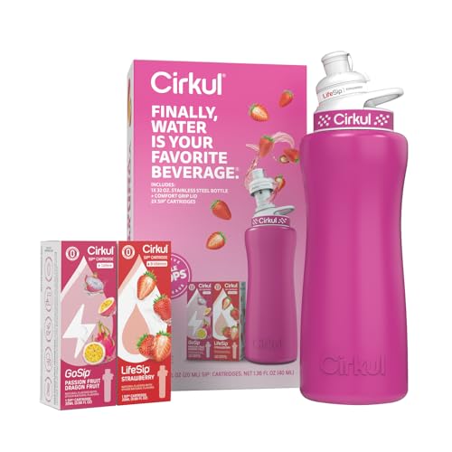 Cirkul 32oz. Hot Pink Stainless Steel Water Bottle Starter Kit with Pink Lid and 2 Flavor Cartridges (1 LifeSip Strawberry, 1 GoSip Passion Fruit Dragon Fruit) No Sugar, Zero Calorie Drink Mix