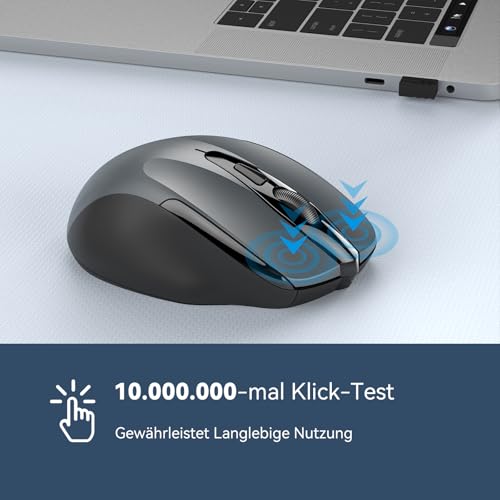 TECKNET Kabellose Maus, 2.4G Optische Funkmaus mit USB Empfänger, 2600 DPI, 24 Monate Akkulaufzei, Ergonomisches Design Wireless Mouse Kompatibel mit Laptop, PC, MacBook, Office Home, Grau
