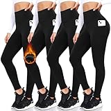 FULLSOFT 4 Pack Fleece Lined Leggings with Pockets for Women High Waisted Thermal Winter Warm Yoga Pants for Workout Running Plus Size(Black,Black,Black,Black(4 Pack),Small-Medium)