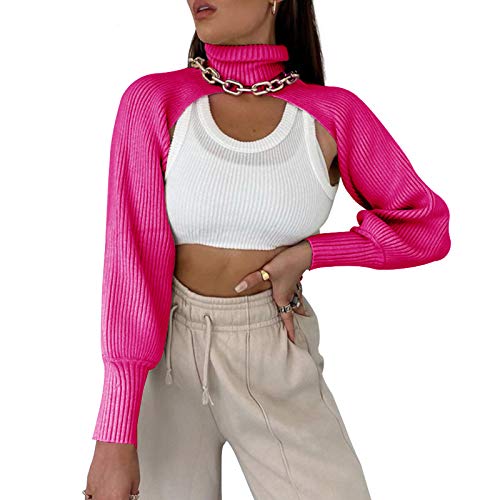 Image of High Collar Long Puff Sleeve Sweater Knitwear Solid Color Pullover Crop Top Ultra Short Turtleneck Sweatshirt