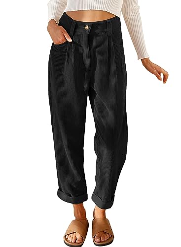 Womens Corduroy Pants Casual High Waisted Straight Leg Vintage Trousers for Women with Pockets (Black US 12)