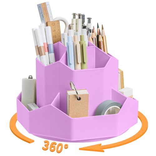 Pencil Pen Holder for Desk,9 Slots 360 Degree Rotating Desk Organizers,Desktop Storage Stationery Supplies Organizer, Cute Pencil Cup Pot For Office, School, Home(Purple)
