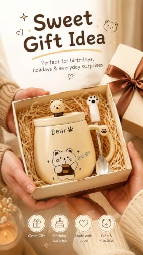 NQQNQQ Bear/Beige 400ML Ceramic Coffee Mug with Lid and Claw Spoon, Cute Bear-Themed Mug for Tea & Coffee for Holidays and Celebrations - image 7