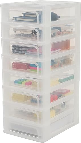 Iris Ohyama Plastic Storage Drawers Unit, 8 Shallow Drawers, Frosted White, Easy-Pull Drawers, A4, A5 & A6 Format, File Organiser, For Office, School, Stationary, BPA Free, Chest, Tower, OCH-2080