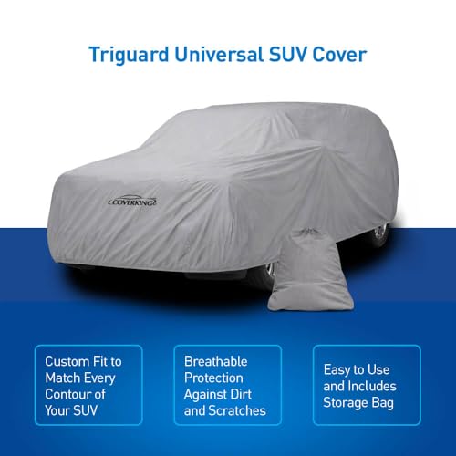 Image of Universal SUV Large Car Cover, Compatible with Full-Size 4-Door SUVs (Tahoe, Expedition Class) - Breathable Triple-Layer Protection, Lightweight & UV-Resistant, Triguard Gray, Includes Storage Bag
