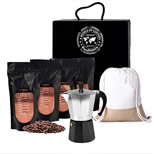 Coffret cadeau des meilleurs Cafés du Monde - 4 x 200 g de grains originaux - Dégustation gourmande + Comprend une cafetière en aluminium de 2 tasses + Sac à dos Nature Jute + Idéal pour les cadeaux
