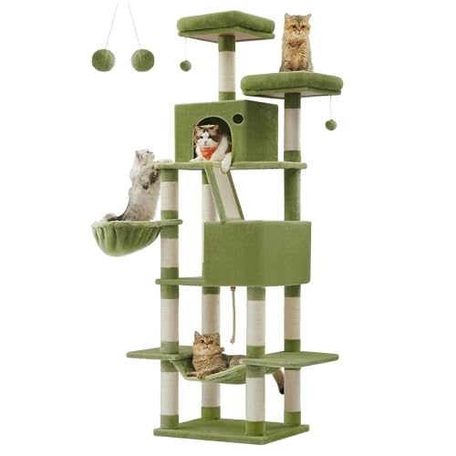 Feandrea Cat Tree, 81.1-Inch Large Cat Tower with 13 Scratching Posts, 2 Perches, 2 Caves, Basket, Hammock, Pompoms, Multi-Level Plush Cat Condo for Indoor Cats, Green UPCT190C01