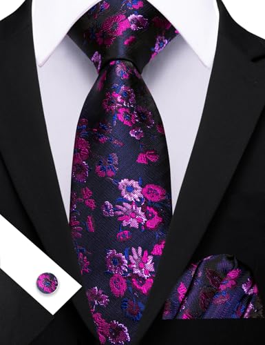 Image of Barry.Wang Flower Ties for Men Silk Woven Floral Tie Sets Necktie Handkerchief Cufflinks Wedding Party