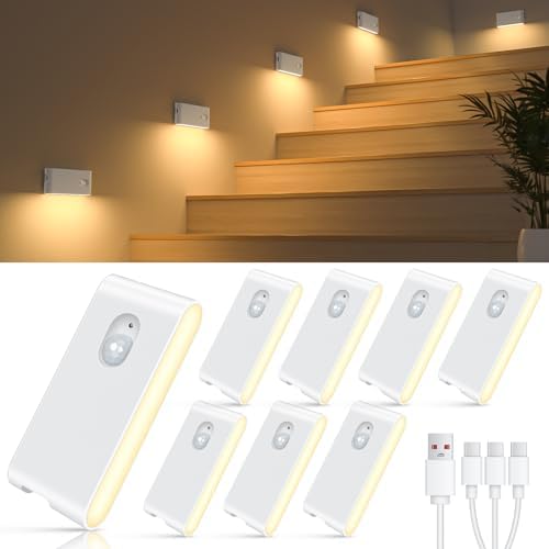 WILLED Nachtlicht mit Bewegungsmelder,USB-C Aufladbare Treppenlicht 8 Stück | Treppenbeleuchtung mit Bewegungsmelder und 3-in-1 Ladekabel, 3 Modi (Auto/ON/OFF), für Treppe, Flur, S