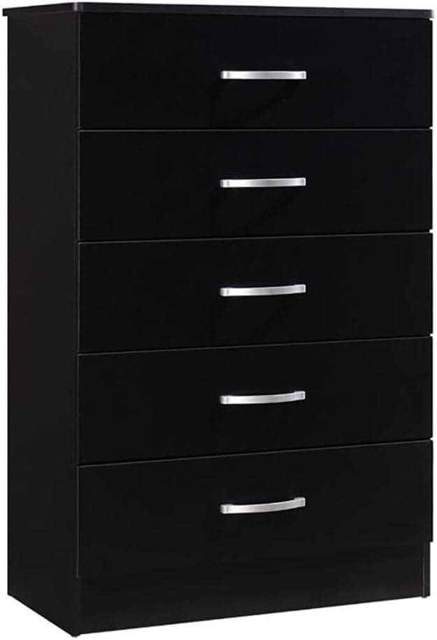 Pemberly Row Contemporary Wood 5-Drawer Chest, Black Finish, 47.3 in H x 31.5 in W x 14.6 in D, Sturdy Bedroom Storage Organizer, Metal Roller Glides, Transitional Style