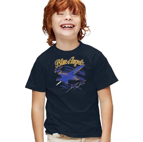 Popfunk Blue Angels Retro Jets Kids T Shirt for Youth Boys and Girls, Navy, Small