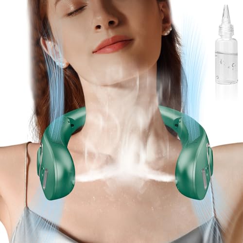 Image of Misting Neck Fan that Blows Cold Air, USB-C Recargable 4-9H Long Life, 360 Airflow Lightweight without Blades, Mini Personal LED Cooling Device for Kid Adults Outdoor Travelling Office Home, Green
