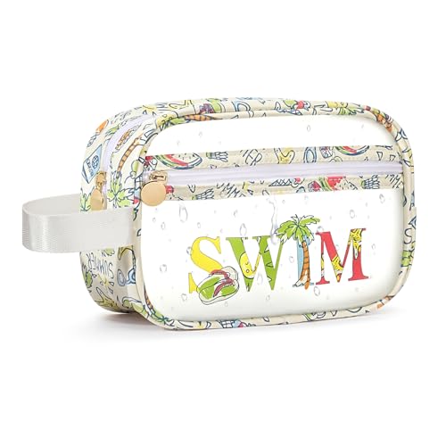 Image of COSHAYSOO Clear SWIM Bag Swimming Pool Day Accessories for Women Teen Girls Bikini Swimsuit Goggle Cap Sunscreen Hair Makeup Organizer, Cute Swimmer Team Gifts Travel Waterproof Small Pouch, Tropical