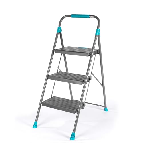 Beldray Easy-Fold 3 Step Ladder – Sturdy Folding Step Ladder with Wide Non-Slip Steps, Anti-Slip Plastic Feet, Cushioned Foam Handle, Push-to-Fold Locking System & Strong Steel Frame for Home Safety