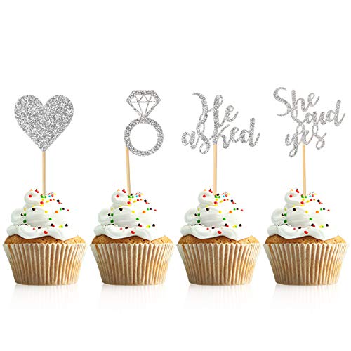 Donoter 48 Pcs Silver He Asked She Said Yes Cupcake Toppers Diamond Ring Heart Cake Picks For Wedding Engagement Party Cake Decorations #TOP13