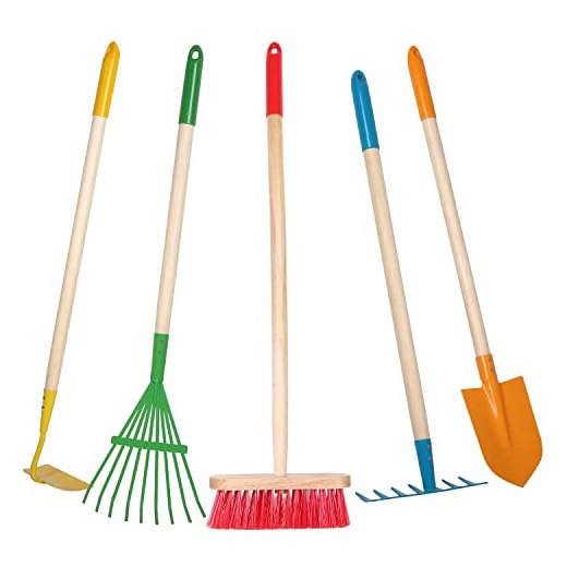 Giggle Goods 5-Piece Kids Garden Tool Set - Multicolored Kids Gardening Tools with Wooden Handle and Metal Head - Kids Size Rake, Spade, Hoe, Leaf Rake, and Broom for Kids Ages 7 Years Old and Up