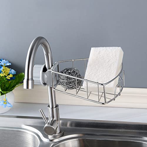Sponge Holder Stainless Steel, Kitchen Sink Faucet Shelf Caddy Dish Drying Drainer Rack Bathroom Shower Organizer Accessories, Silver