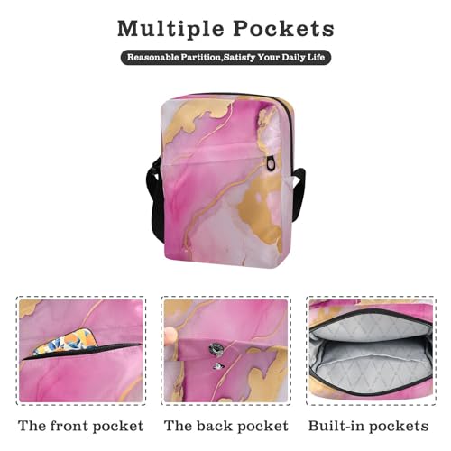 Crossbody Bag Pink Gold Marble Messenger Bag for Women Men Purse Shoulder Bag Satchel Bag with Adjustable Strap 214A47232
