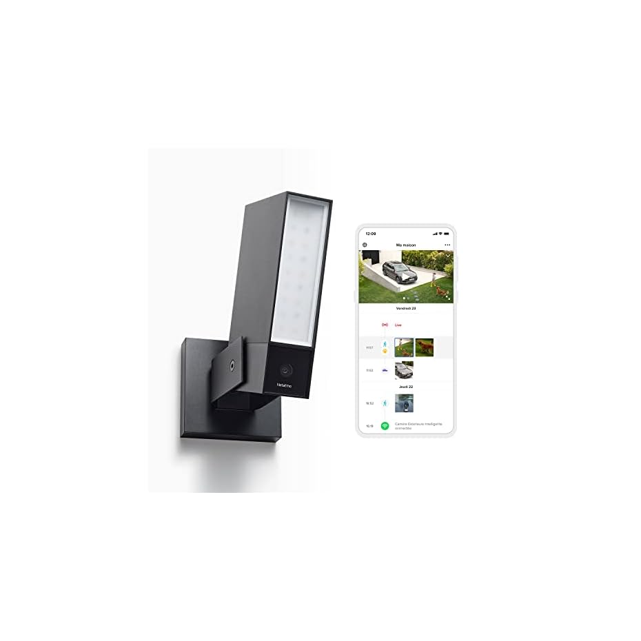netatmo outdoor caméra de surveillance extérieure 1080p intelligente avec éclairage intégré presence sécurité, détection de personnes, voitures et animaux, aluminium noir