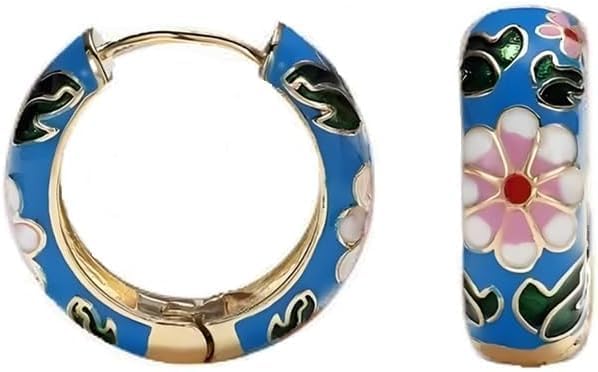 Ladies' vintage cloisonn é enamel earrings with blue, red, and black floral designs, featuring traditional Chinese style, suitable for holiday parties, fashionable outfits, and Mother's Day gifts Christmas gift