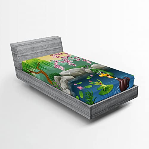 Ambesonne Cartoon 2 Pack Fitted Sheet, Duck and Frog in a Lake, Bed Cover All-Round Elastic Deep Pockets 2 Pieces, Package Contains 2 Twin XL Size Fitted Sheets, Green Blue