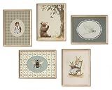 Vintage Animals Nursery Wall Art Decor Set of 5 Retro Canvas Decor Kids Room Painting Farmhouse Animal Posters Teddy Bears, Rabbits, Dragonflies, Bees Pictures Decoration for Children's Bedroom Room Home Decor 8x10 Unframed