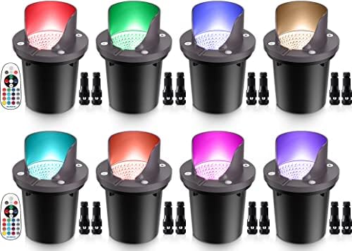 SUNVIE RGB Low Voltage Landscape Lights Color Changing 12W Outdoor In-Ground Lights with Connectors Waterproof LED Well Lights 12-24V Landscape Lighting for Pathway Garden Yard Fence Deck, 8 Pack