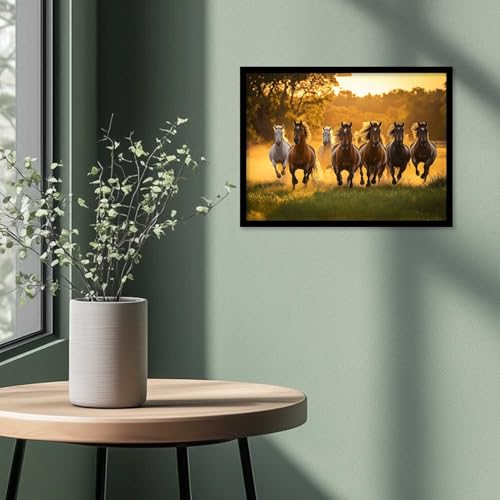 Image of HOTHOUSE Seven Running Vastu Lucky Horse | 7 Horses Vastu Frame Wall Art Painting for Living Room Bedroom Office Home Decor Rising Sun Painting Wall Decor Size (13X17 inch)