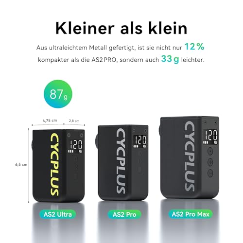 CYCPLUS AS2 Ultra Tiny Fahrradpumpe mit Manometer, Max. 120 PSI Elektro-Minipumpe, Auto-Stopp, mit Presta- und Schrader-Ventil für E-Bike, MTB und Rennrad (90g)