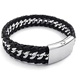 KONOV Mens Leather Stainless Steel Bracelet, Wide Cuff Bangle, Black Silver