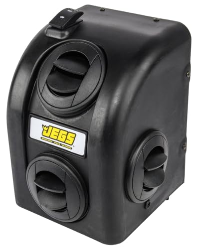 JEGS Auxiliary Heater Assembly | 200 CFM Airflow | 13,200 BTU Of Heat | Rocker Switch | 2-Speed Fan | 12-Volt | Compact Design | 4 Round Louvers | 9.875in. H x 7.375in. W x 7.25in. D